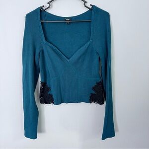 Express Body contour ribbed teal and black lace sexy top